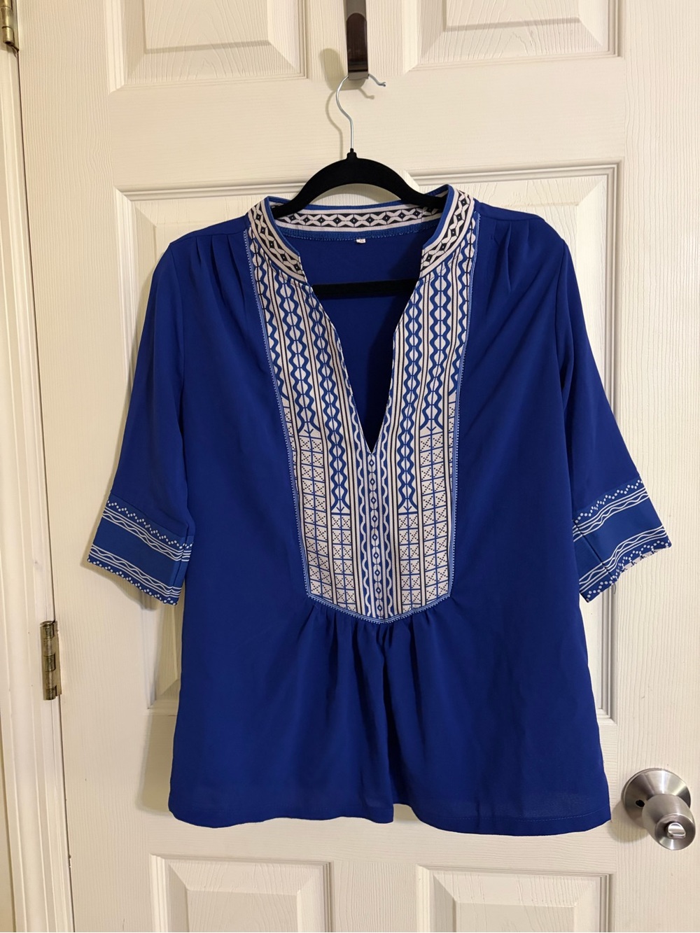 Embroidered Split-Neck Blue Women's Top